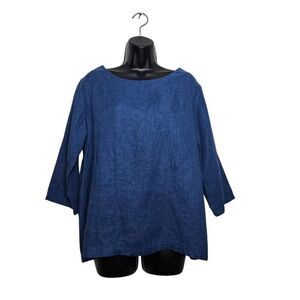 LO Len OK Top Size Large Blue 100% Linen Shirt Lagenlook